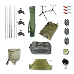 TEAM CARPFISHING Packs-Pack Carpe Complet 3 Combos + Detecteurs + Rod pod + Epuisette + Tapis + Peson + Sac de pesée + Carryall + Nylon